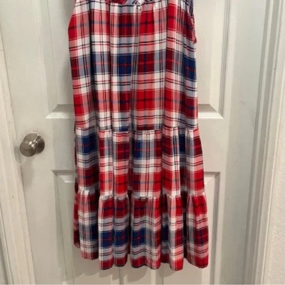 Torrid Puff Sleeve Tiered Midi Dress - Challis Plaid Red & Blue Sz14-16 (1X) EUC - Picture 8 of 14